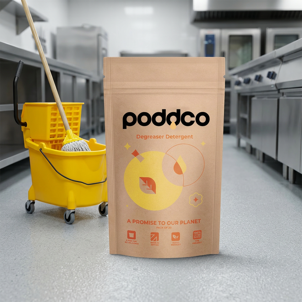 Poddco degreaser pod and spray bottle on kitchen floor, heavy duty eco degreaser in use, fragrance-free kitchen cleaner UAE


