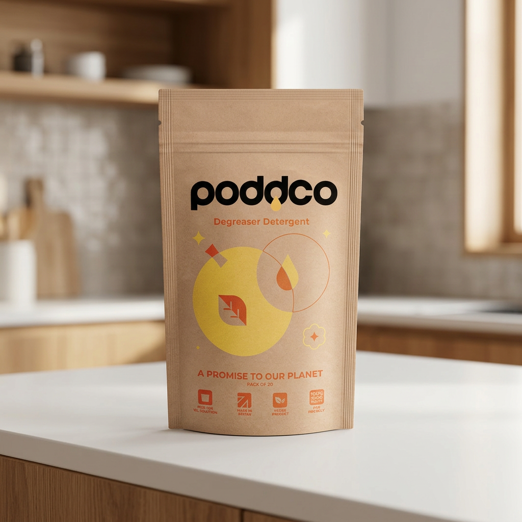 Poddco eco degreaser pod on kitchen countertop, natural degreaser pod for grease and grime, UAE
