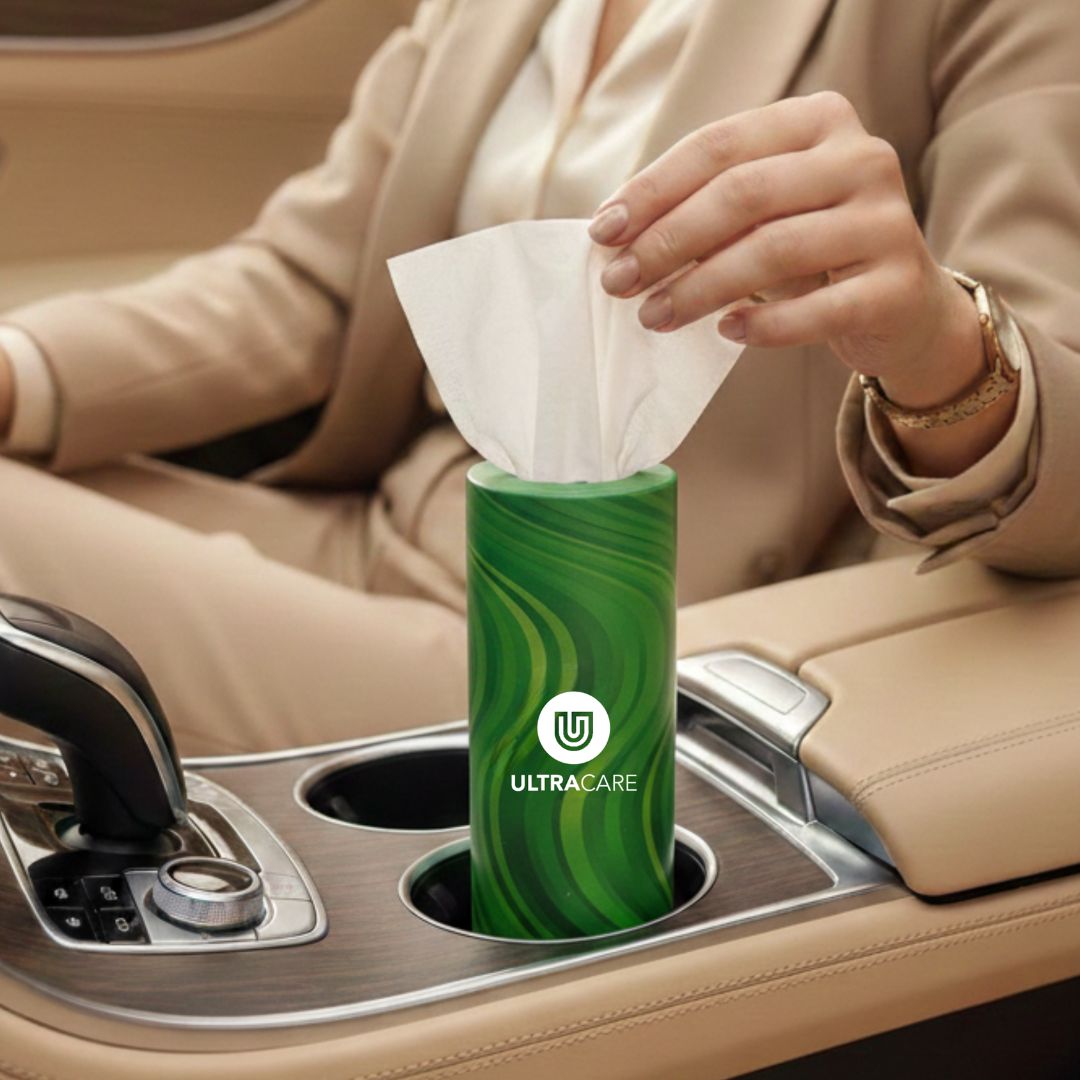 Ultracare green car canister tissue 3 ply tube designed for car cup holders