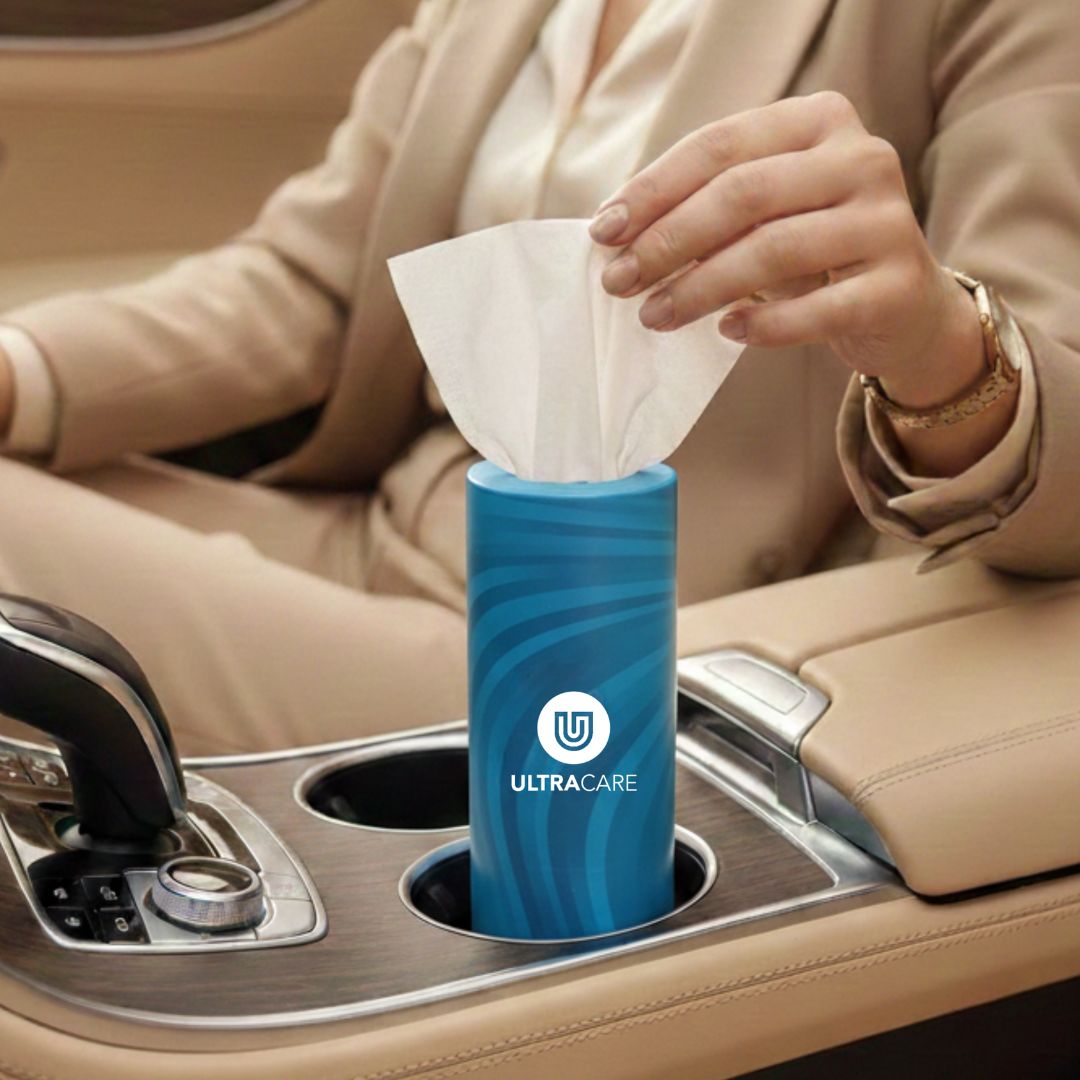 Ultracare light blue car canister tissue tube with 50 sheets for everyday driving